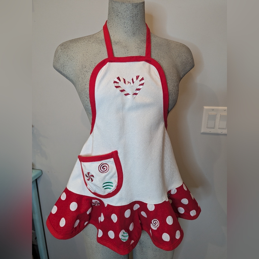 Christmas Apron By Cypress Home Women's XS/S or KIDS OS Candy Red & White